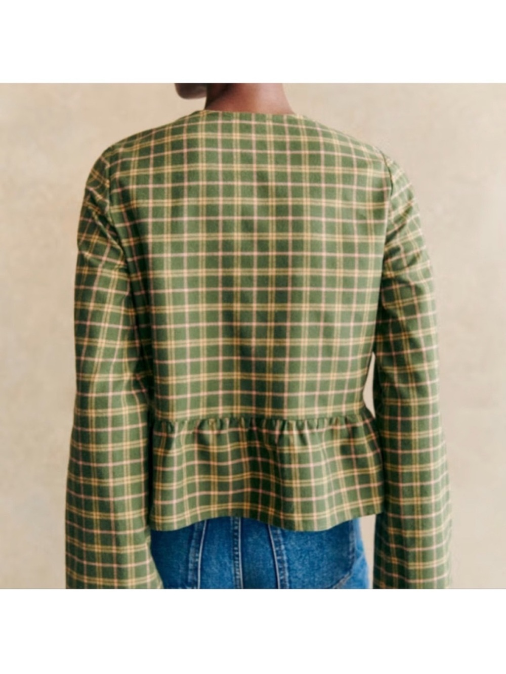 Sezane Brenda Plaid Blouse Checkered Tie Front Fall Top Velvet Green Size Medium - Picture 7 of 13